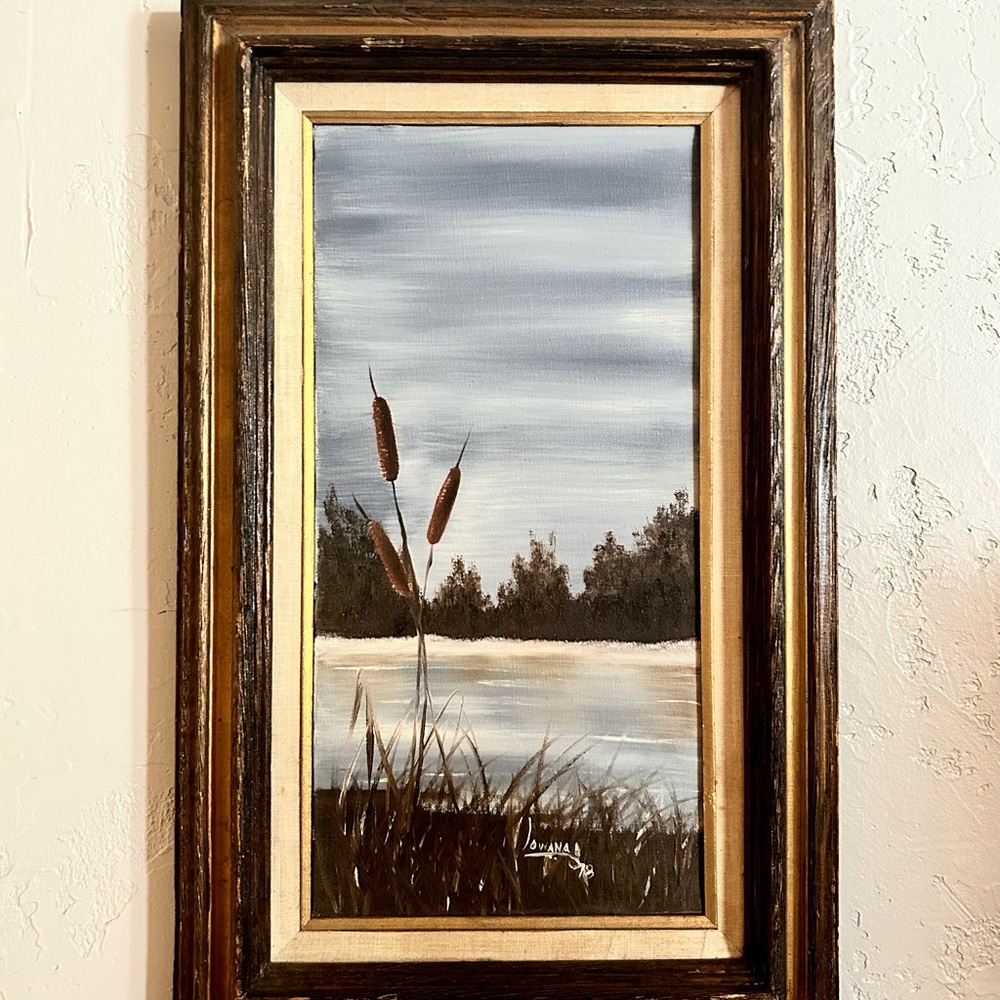 Framed Vintage Marshland Painting with Cattails